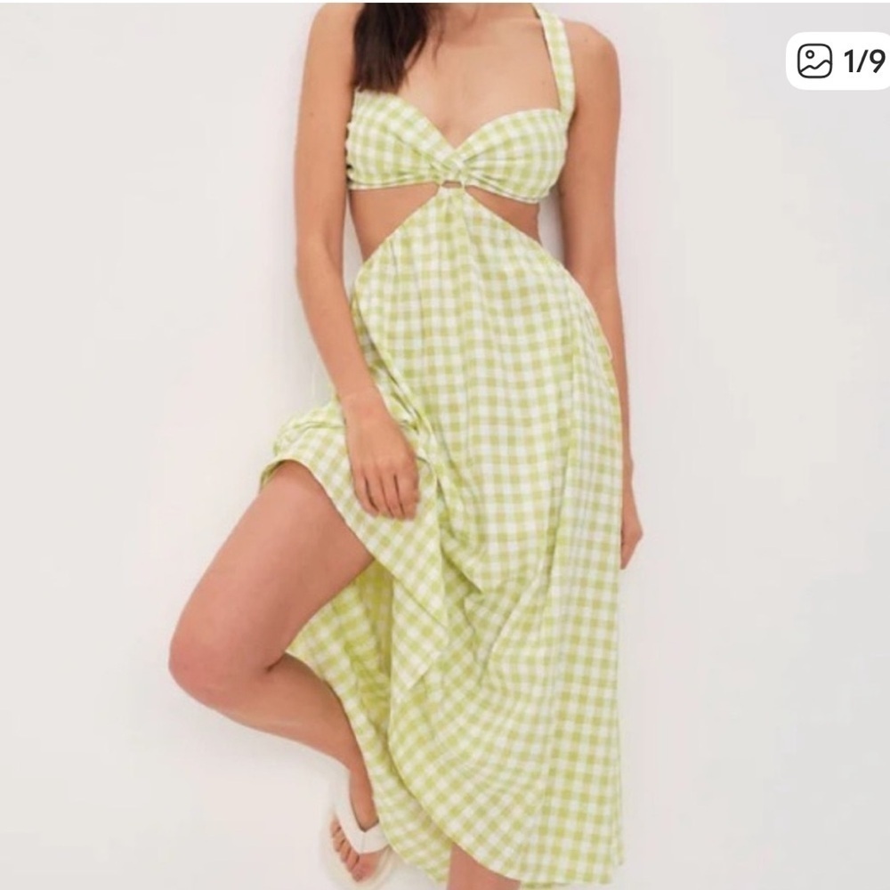 For Love & Lemons Maureen Midi Dress Lime Green Gingham Cutout Small Neon NWT - Picture 1 of 7